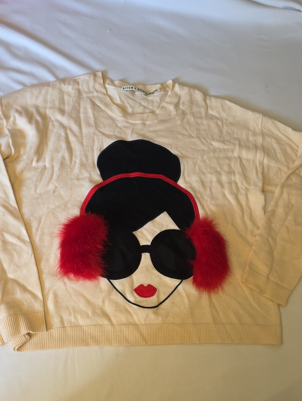 Alice + Olivia Cream Graphic Sweater with Red Faux-Fur Earmuffs